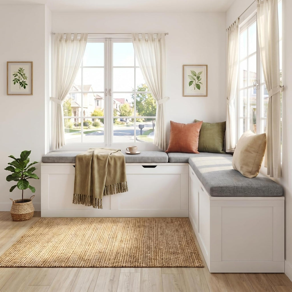 63” Breakfast Nook Bench, L Shaped Storage Bench with Cushion, White | Corner Bench for Kitchen Dining Room and Entryway, Space Saving Kitchen and Dining Nook Bench, Farmhouse Style