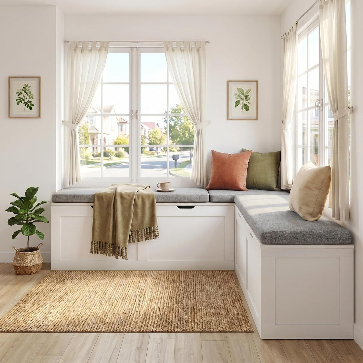 63” Breakfast Nook Bench, L Shaped Storage Bench with Cushion, White | Corner Bench for Kitchen Dining Room and Entryway, Space Saving Kitchen and Dining Nook Bench, Farmhouse Style