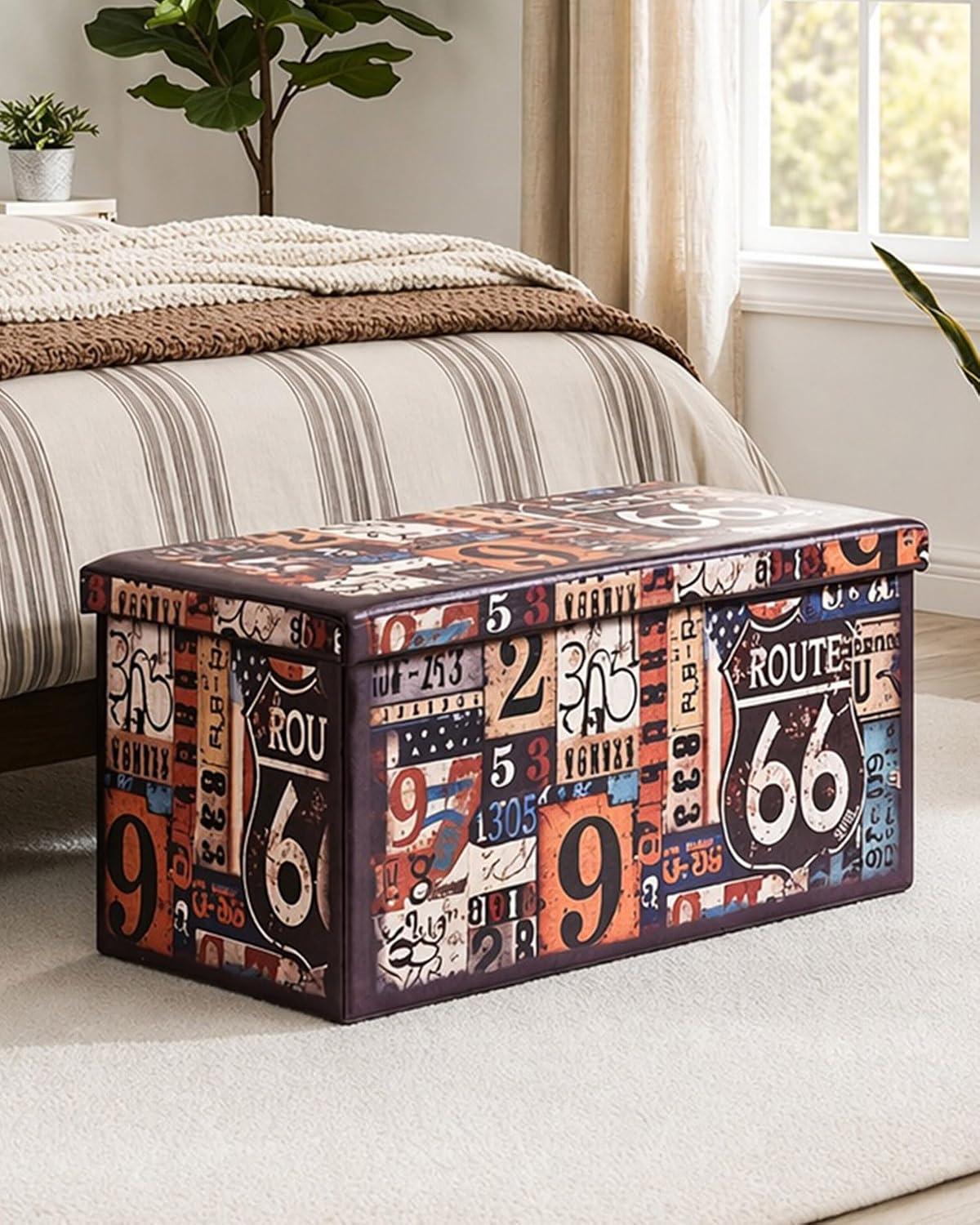 B FSOBEIIALEO Folding Storage Ottoman Bench, 30" Ottoman with Storage | Route 66 Faux Leather Foot Rest Chest Seat, Coffee Table, Storage Bench for Bedroom
