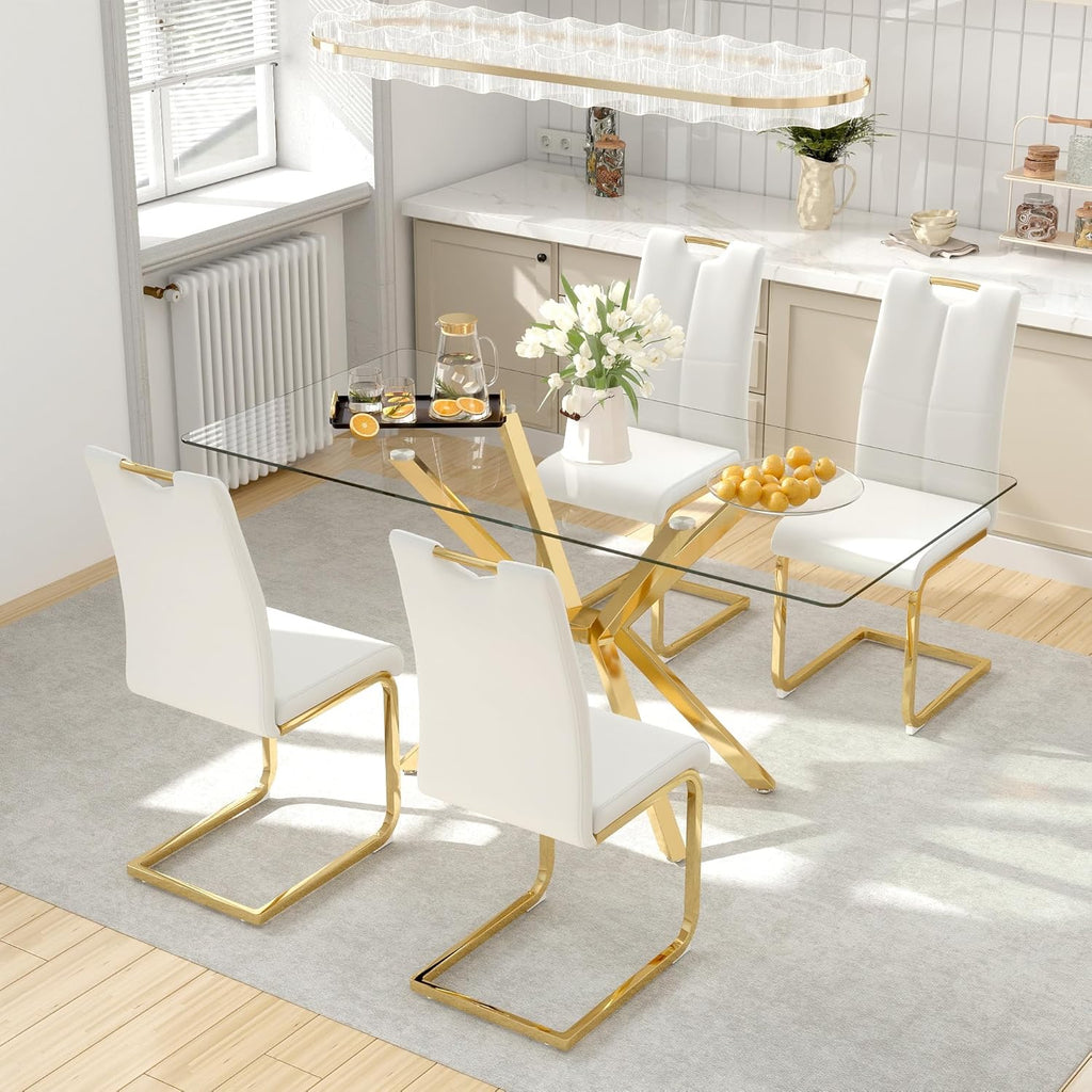 yeag Modern Rectangular Glass Dining Table Set for 4, 47" Clear Tempered Glass Kitchen Table with Gold Metal Legs & 4 White PU Faux Leather Upholstered Dining Chairs for Home, Dining Room, Office