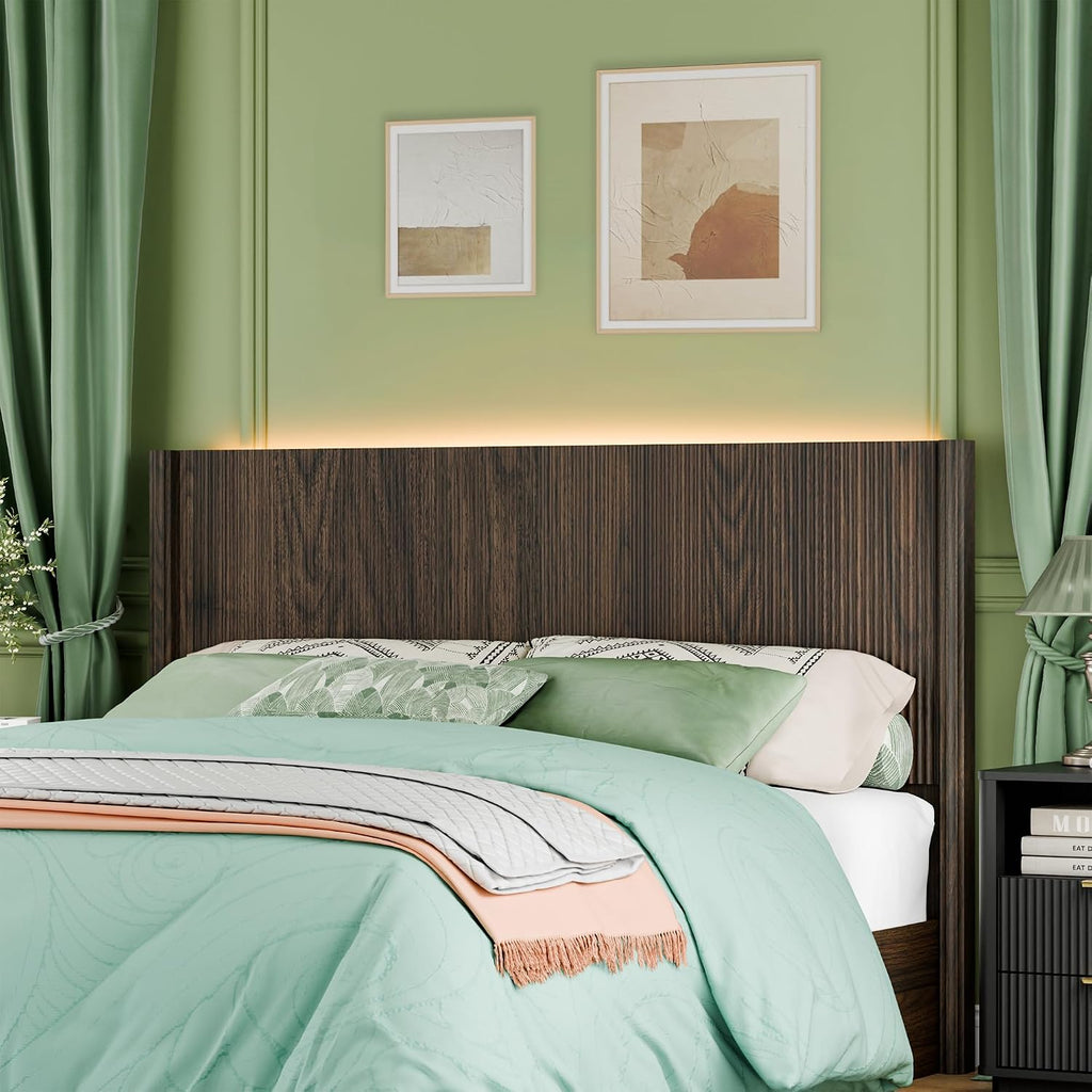 Queen Size Headboard Only, Modern Fluted Wall-Mounted Head Board with Lighting, Boho Wood Bed headboard Stylish Bedroom Decor, Espresso