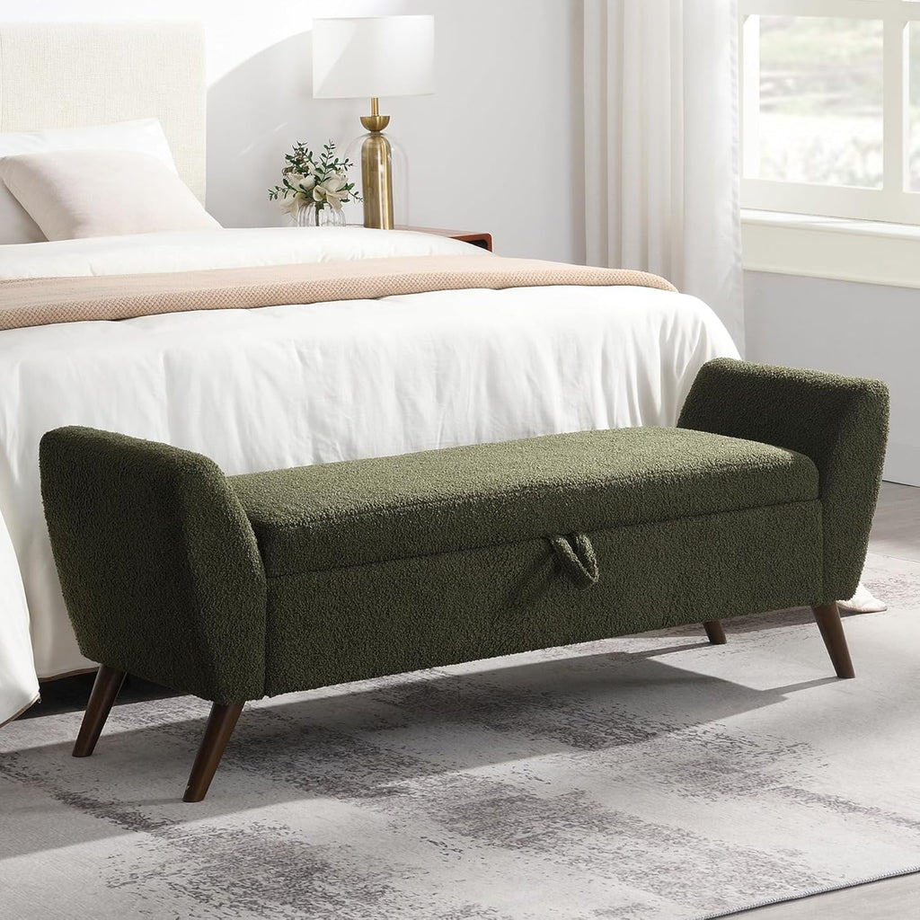 60'' Modern Upholstered Storage Ottoman Bench with Mid-Century Wood Legs, Entryway Bench with Hidden Storage for Living Room, Bedroom, and End of Bed, Comfort Padded Seat (B-Green)