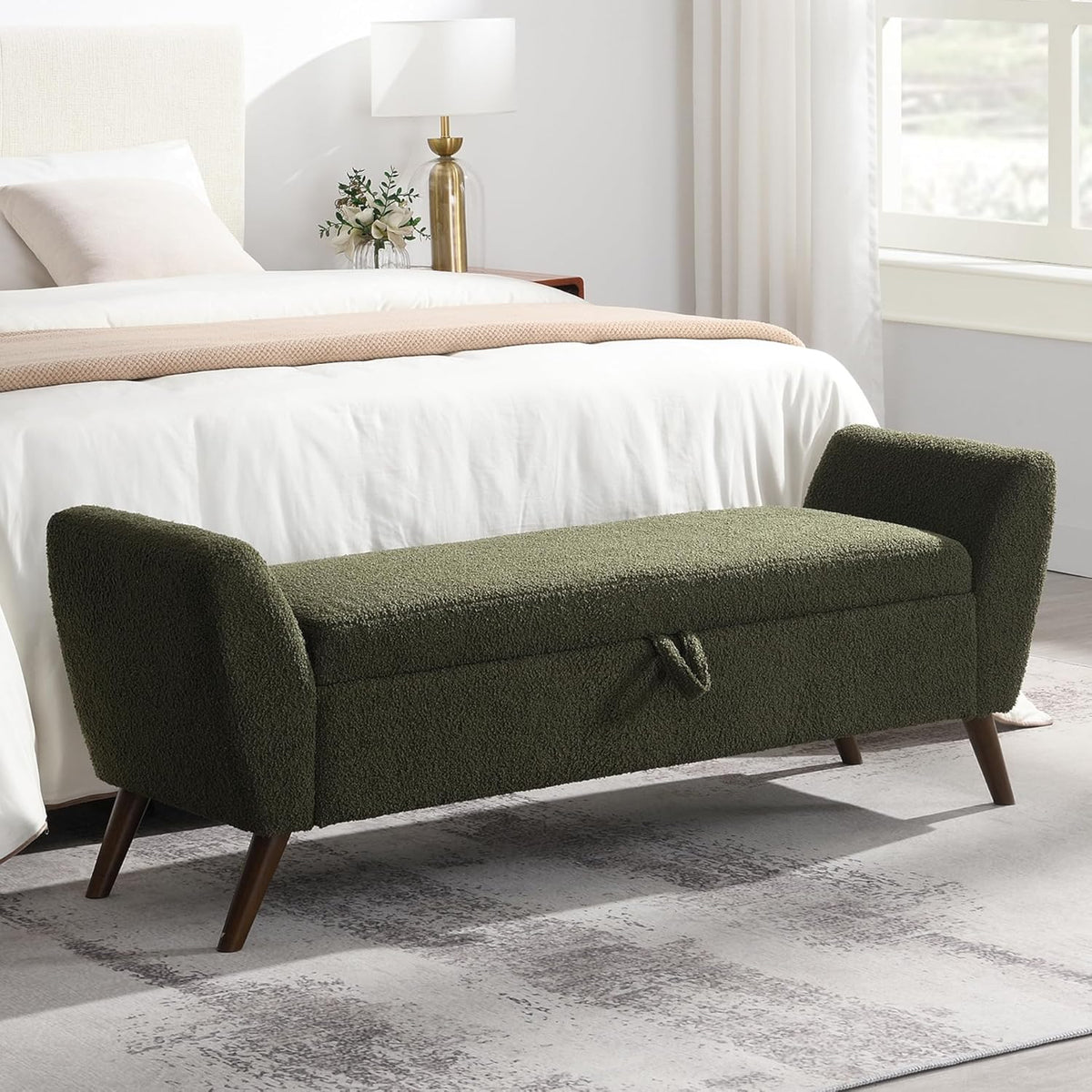 60'' Modern Upholstered Storage Ottoman Bench with Mid-Century Wood Legs, Entryway Bench with Hidden Storage for Living Room, Bedroom, and End of Bed, Comfort Padded Seat (B-Green)
