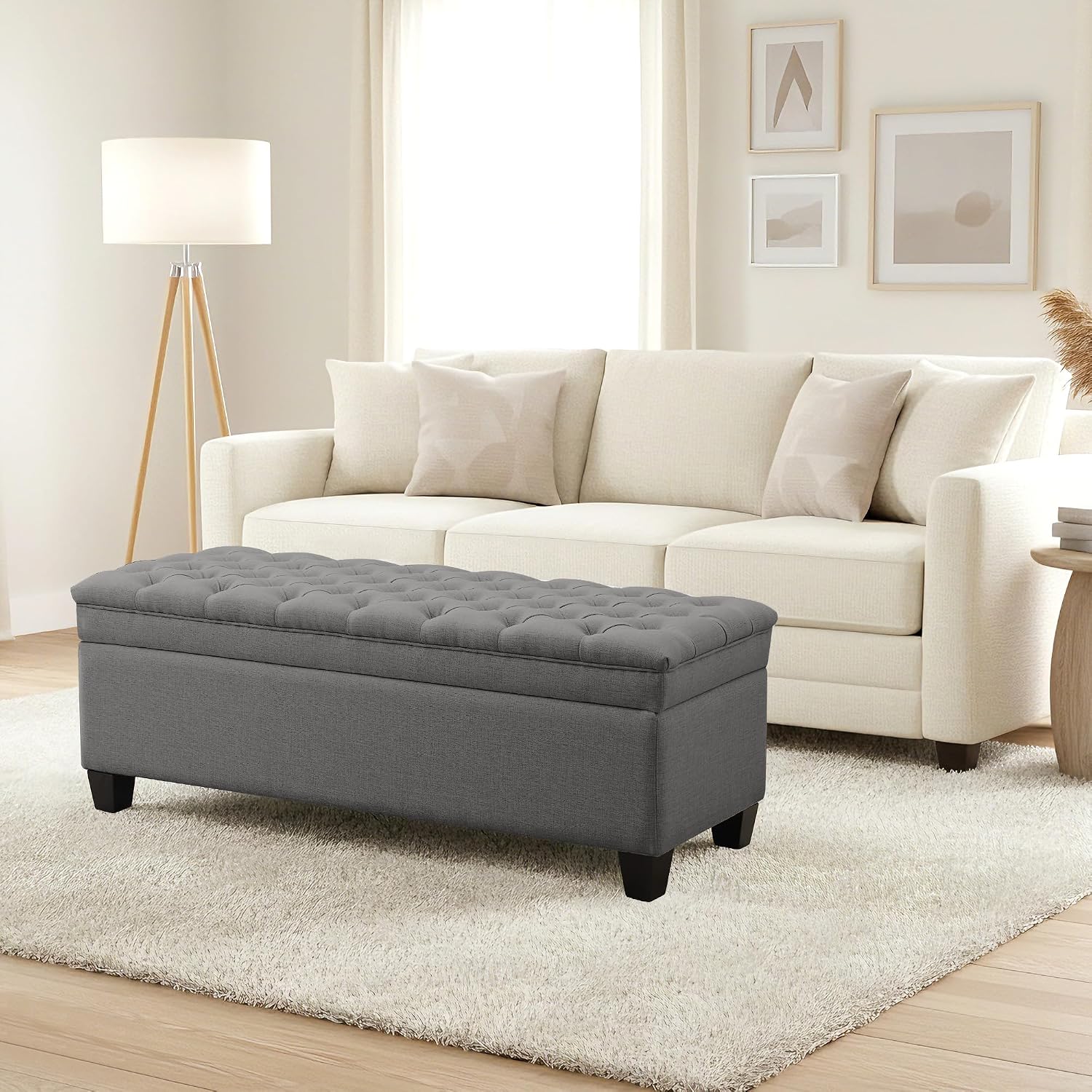 50" Storage Ottoman Bench, Rectangular End of Storage Bench, Upholstered Large Fabric Tufted Ottoman with Storage for Living Room, Bedroom, Entryway,Dark Gray