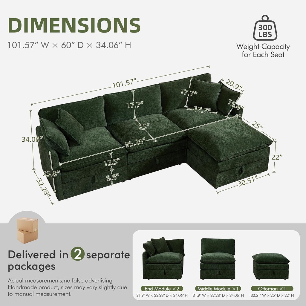 WorthFurni Modular Sectional Sofa with Storage Ottomans,103" L-Shaped Cloud Couch,Comfy Modern Couches with Pillows & Upholstered Deep Seat Cushion for Apartment Living Room Bedroom（Green）