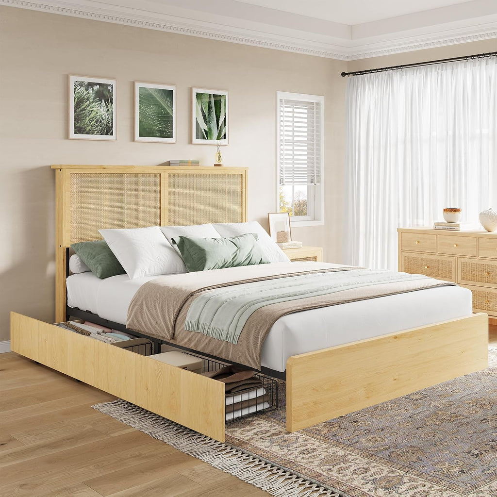 GAOMON Queen Size Bed Frame with 4 Storage Drawers and Rattan Headboard
