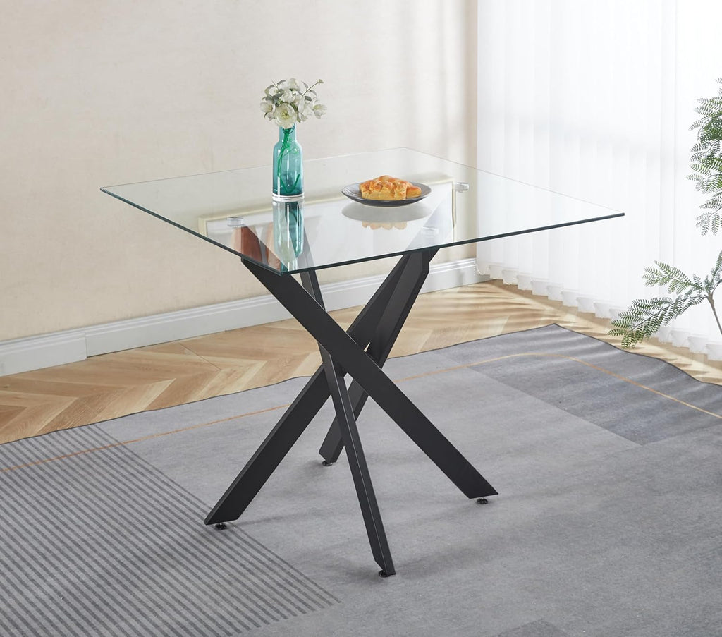 Square Dining Table for 4, 36" Modern Glass Kitchen Dining Room Table with Black Metal Cross Legs, Tempered Glass Tabletop, Perfect for Dinner Kitchen Living Dining Room