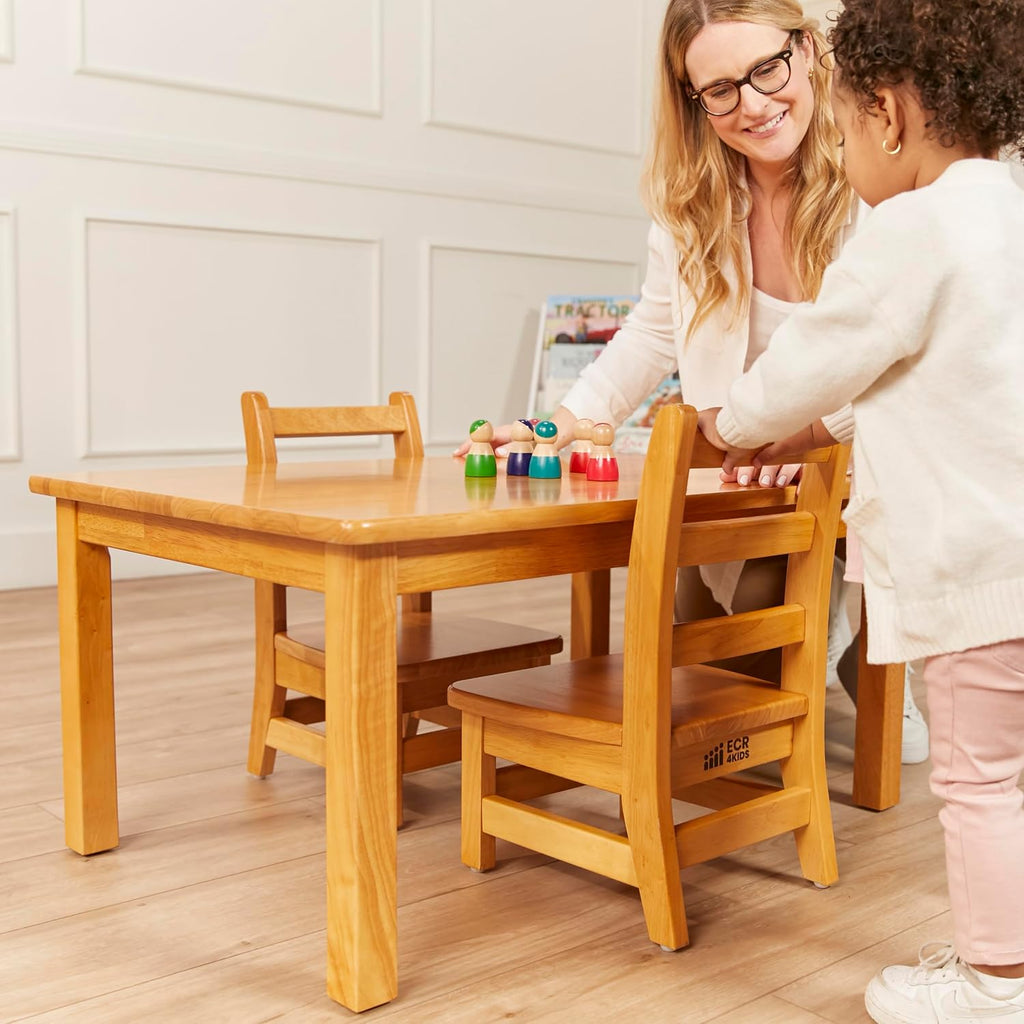ECR4Kids 24in x 36in Rectangular Hardwood Table with 16in Legs and Two 8in Chairs, Kids Furniture, Honey, 3-Piece | Durable rubberwood, GREENGUARD Gold Certified, ANSI/BIFMA Compliant, 2-3 years, 74 lb seat capacity, classroom & home use