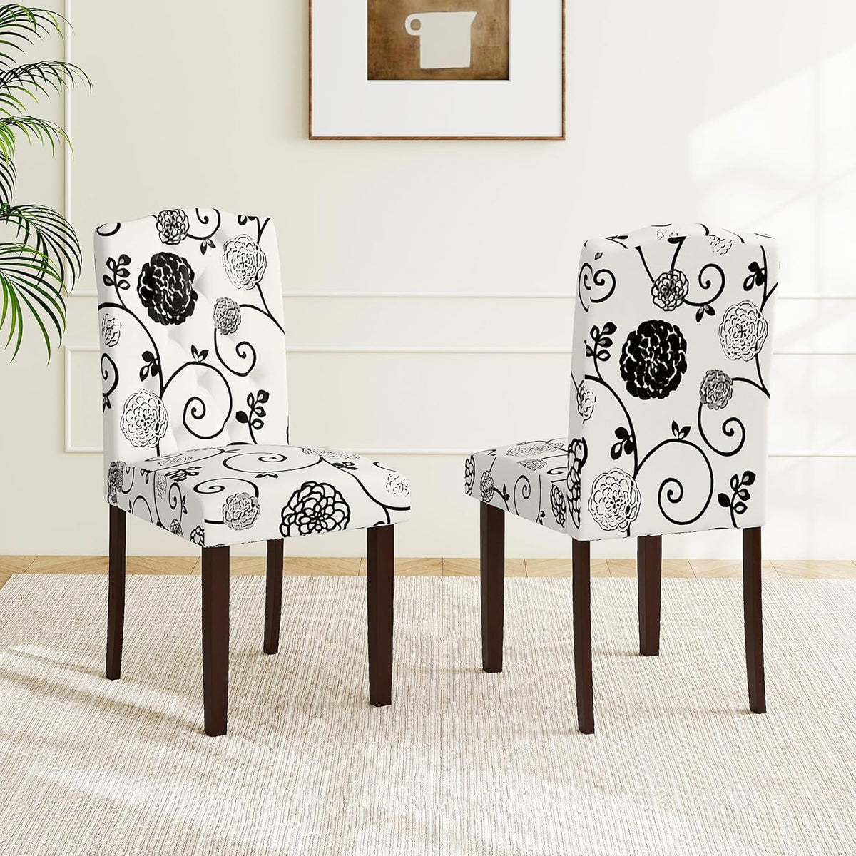 GOFLAME Upholstered Dining Chairs Set of 2, Button Tufted Fabric Upholstered Parson Chairs with Rubber Wood Legs, Padded Seat and High Curved Backrest, Armless Kitchen Chairs for Dining Room, Floral