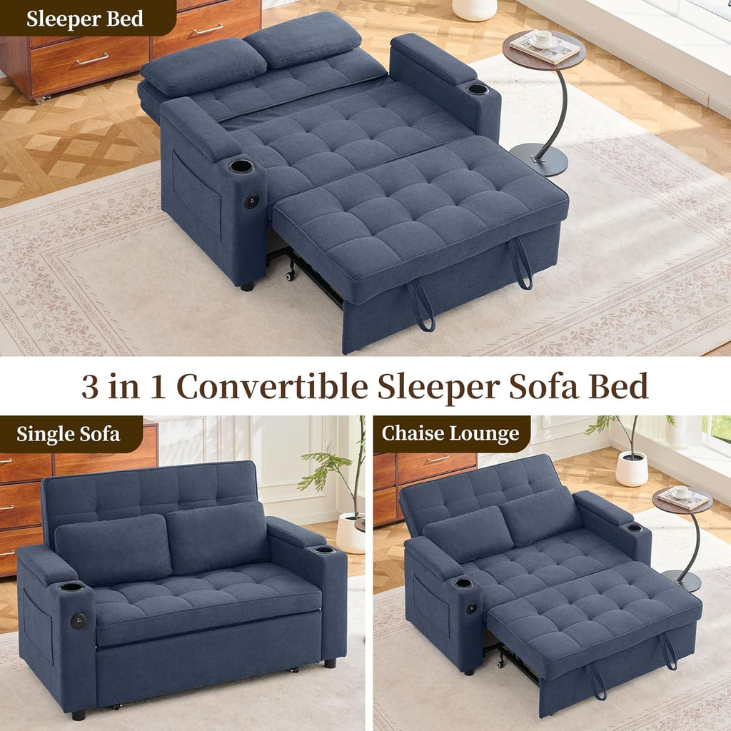 Korser 55.5'' 3-in-1 Convertible Sofa Bed, Pull Out Couch with 5-Position Adjustable Backrest, Loveseat Sleeper Sofa for Small Spaces, Sofa Couch with Cup Holders for Living Room, Office, Chenille
