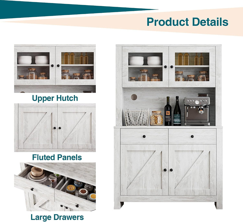 TrailBlaze Freestanding Pantry Cabinet with Microwave Stand - Coffee Bar & Buffet Hutch - 4 Doors and Adjustable Shelves - Tall Storage Cupboard for Dining Room - Color: Grey