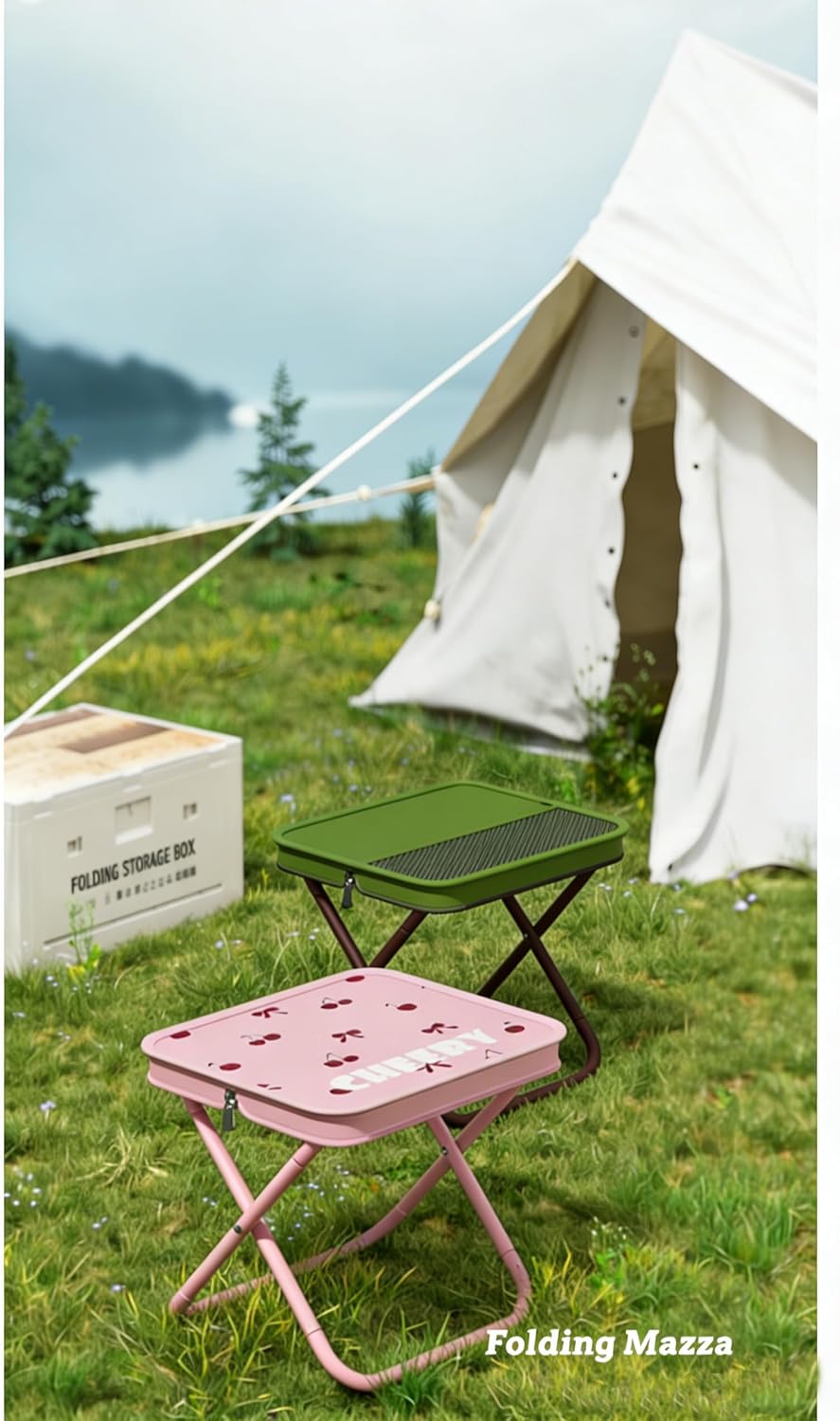Portable Foldable Camping Stool Chair - Ultralight Travel Stool with Storage Pocket, Handbag Style Design, Double Set、Couple Set (OD Green & Pink Cherry)