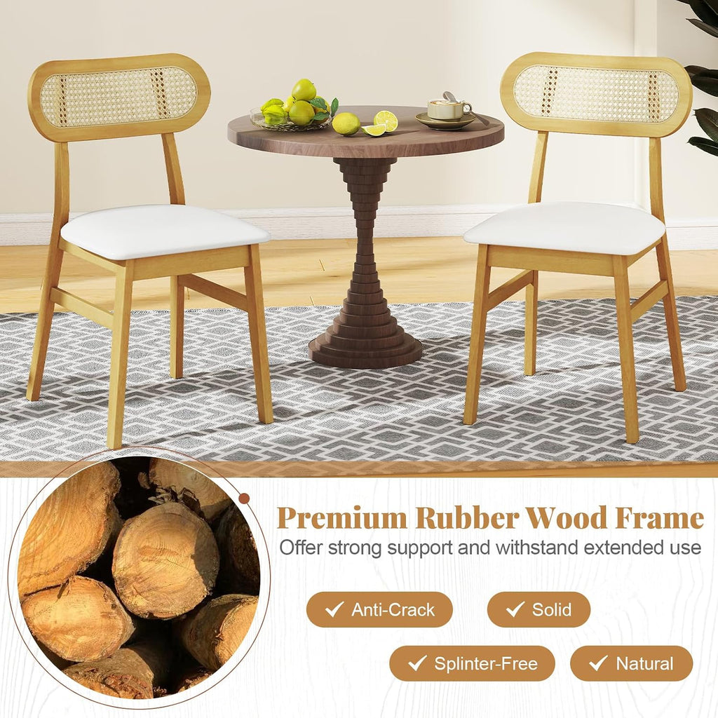 GOFLAME Wooden Dining Chairs Set of 4, Mid-Century Modern Kitchen Chairs with Upholstered Seat & Rattan Backrest, Faux Leather Cover, Armless Side Chairs for Dining Room, Restaurant, White