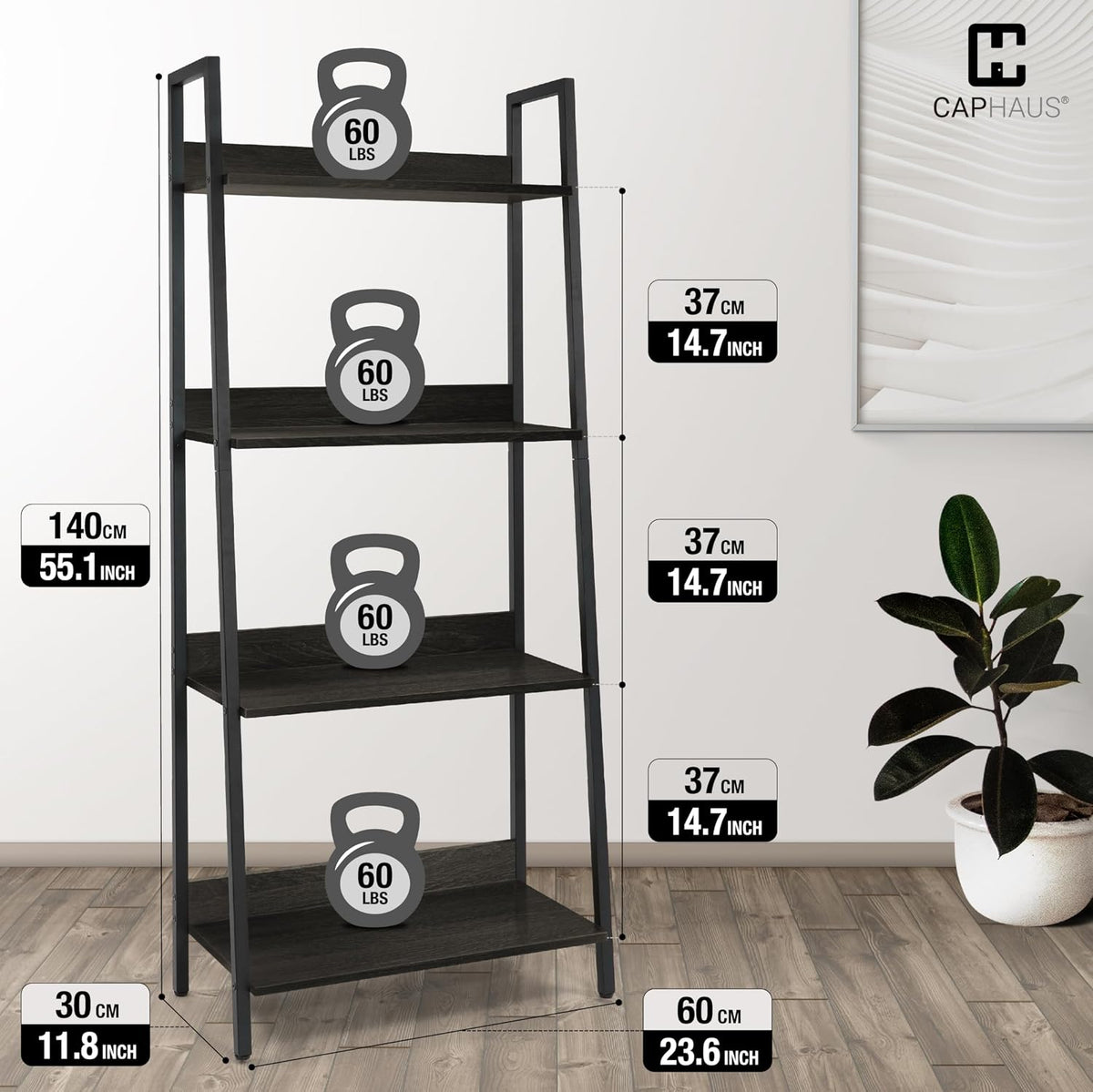CAPHAUS 4 Tier Ladder Bookshelf, 24 Inch Width Free Standing Shelf, Bookcase Shelf Storage Rack Organizer, Industrial Book Shelves for Home Office, Living Room, Kitchen, Black Wooden Shelves