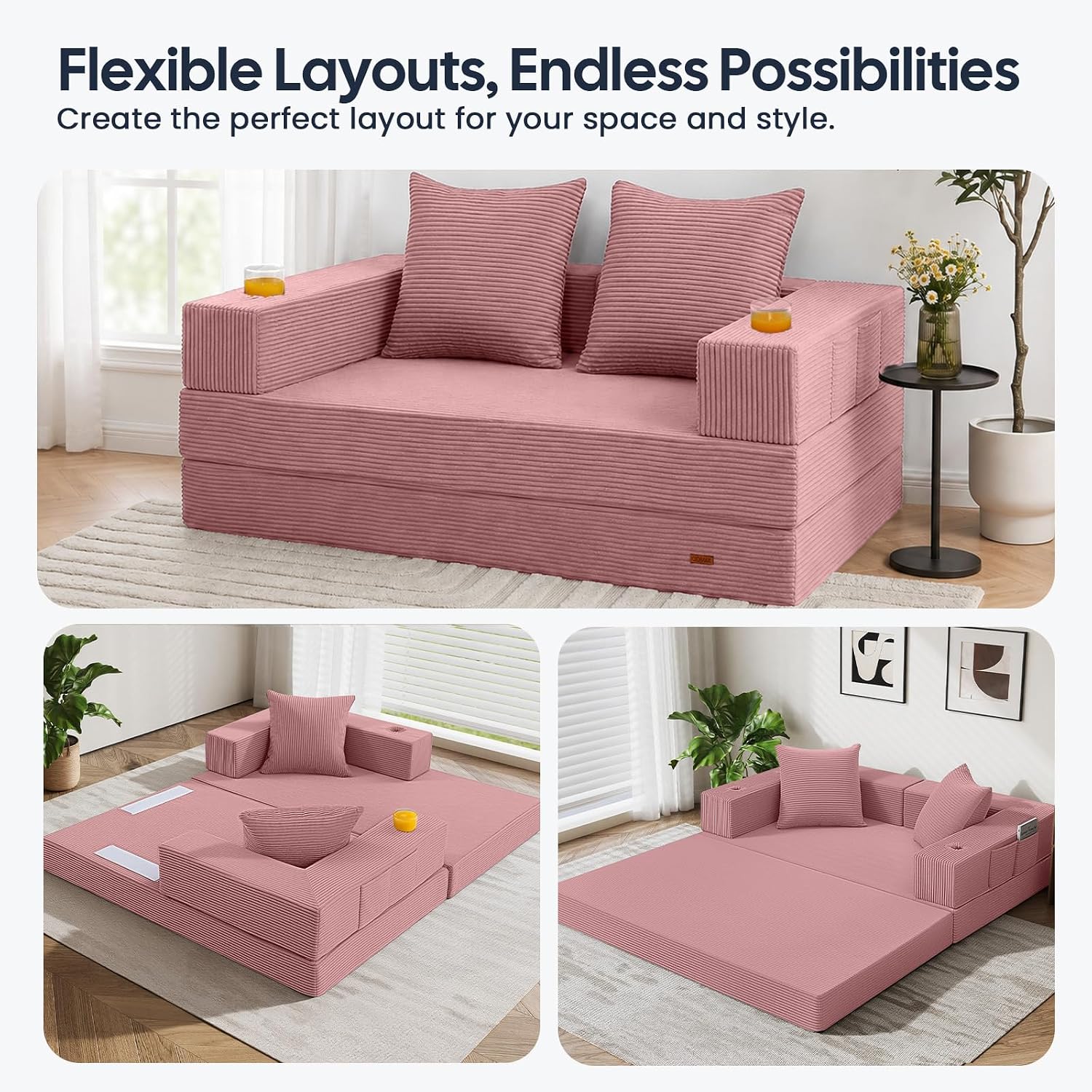 COMAX Futon Sofa Bed, Convertible Sofa Bed, Folding Couches | Low-Profile Small Couch for Living Room, 11.8" H Low Seat 59" Foldable Floor Sofa Lounge Space‑Saving