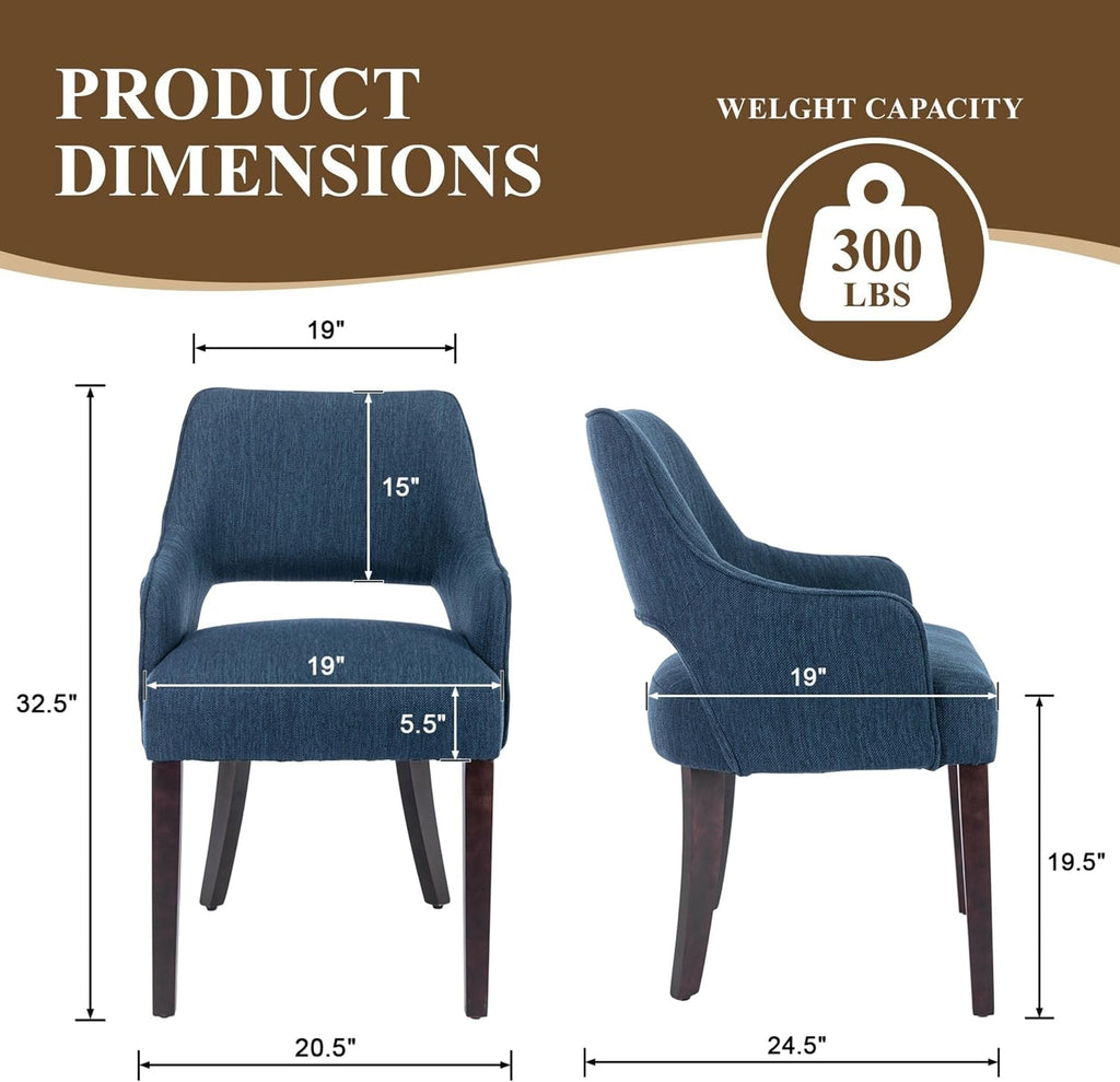 chairus Farmhouse Dining Chairs Set of 2 with Arms, Blue Linen Upholstered Dining Room Chairs, Curved Open Back Kitchen Accent Side Chairs, Blue