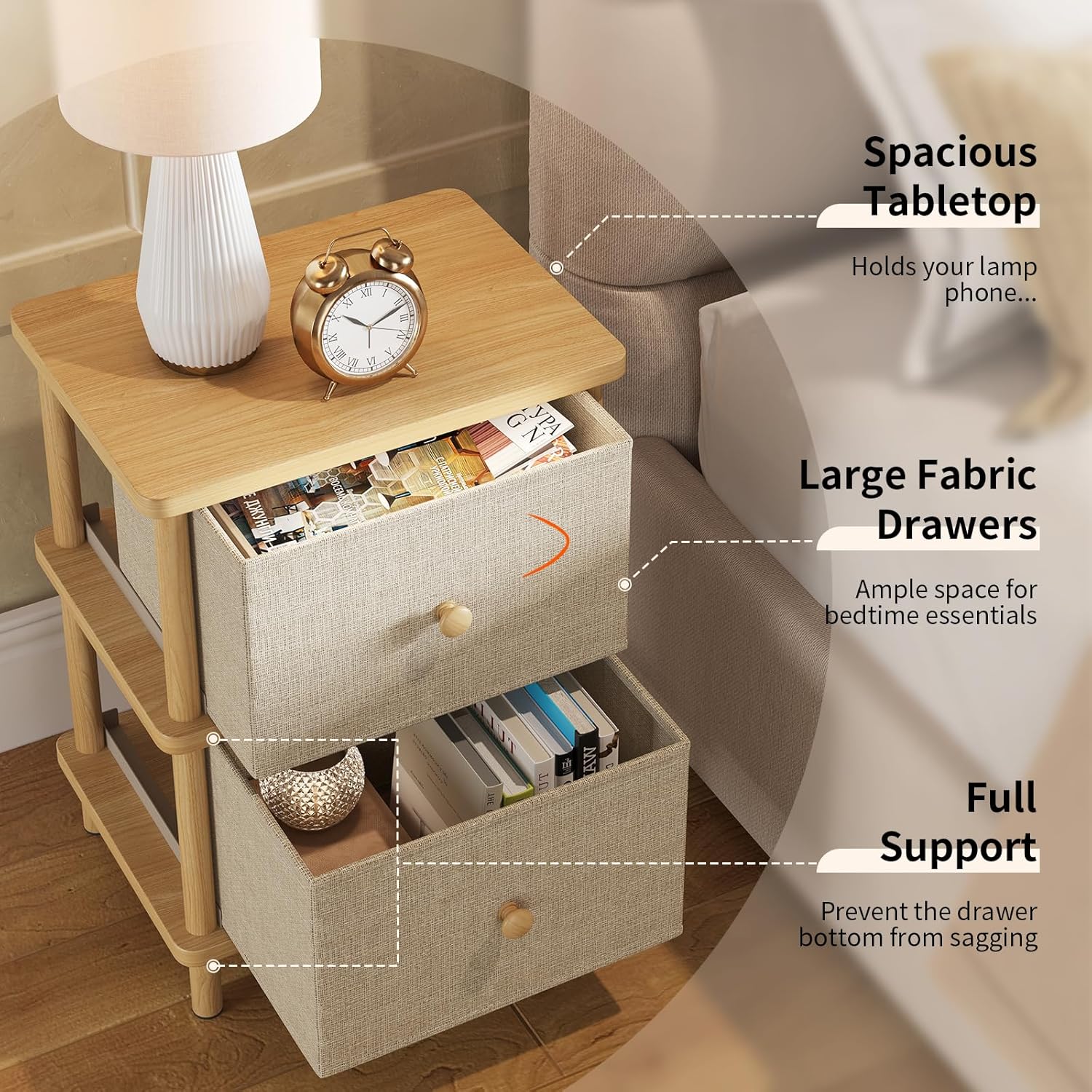 Apicizon Nightstand with 2 Storage Drawers, Boho Side Table with Solid Wood Legs, End Table for Small Spaces, Bedroom, Living Room, Entryway, Natural