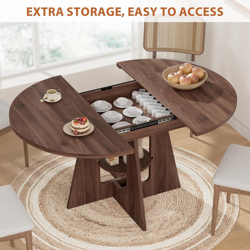 43.3''-59'' Round Extendable Dining Table, Oval Dining Table for 4-8, Modern Kitchen Circle Dinning Table with Storage for Kitchen Living Room Apartments Family Meals (Walnut)