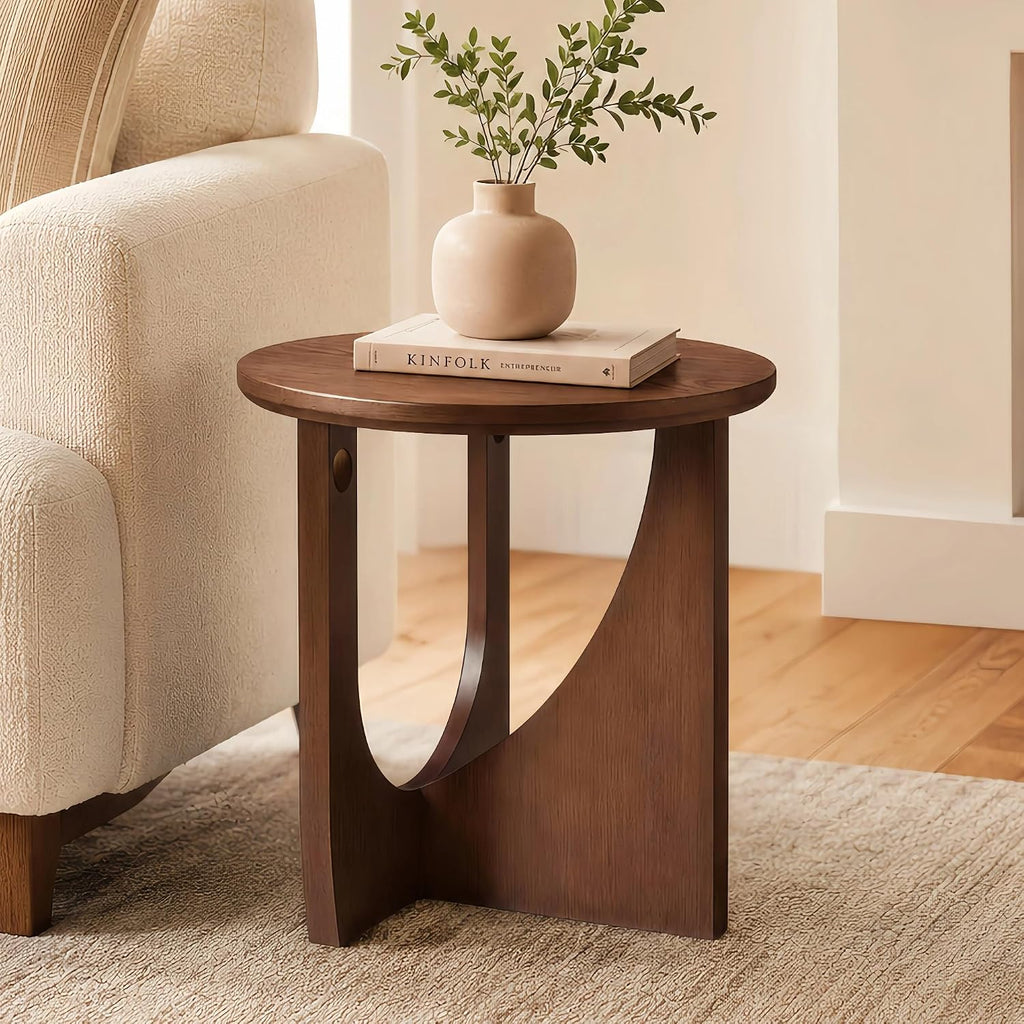 100% Solid Wood Round Side Table, 19.7'' Walnut Brown Small End Table, Sofa Side Table with Sculptural Curved Base, Minimalist Accent Table for Living Room, Bedroom, Reading Nook