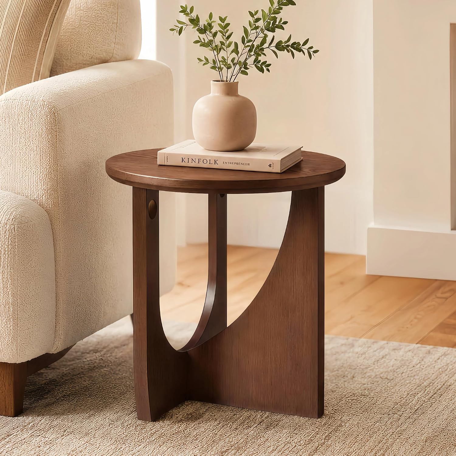 100% Solid Wood Round Side Table, 19.7'' Walnut Brown Small End Table, Sofa Side Table with Sculptural Curved Base, Minimalist Accent Table for Living Room, Bedroom, Reading Nook