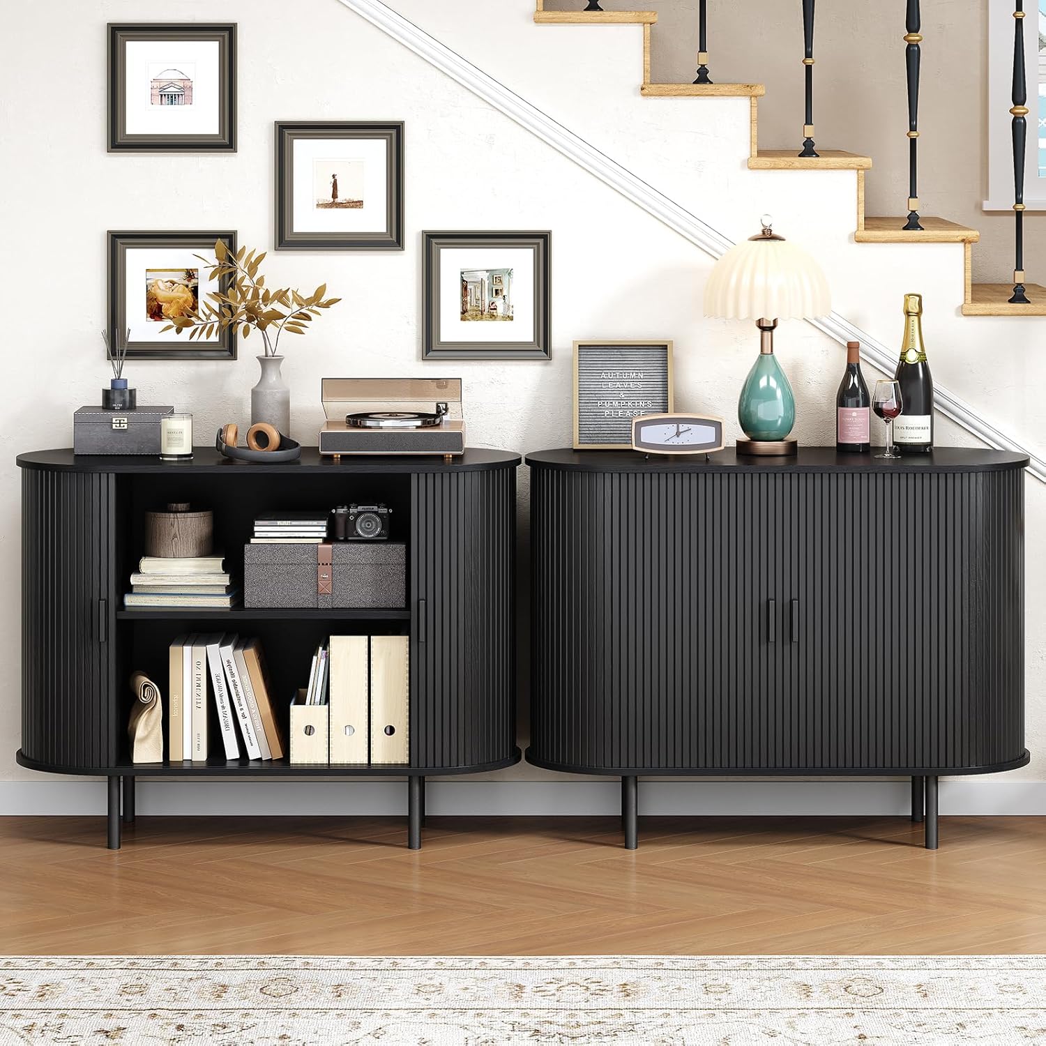Buffet Cabinet with Storage, Fluted Sideboard Buffet with Sliding Door, Coffee Bar Cabinet with Adjustable Shelf, Console Table, Accent Table for Entryway, Kitchen (Black, 40 Inch)