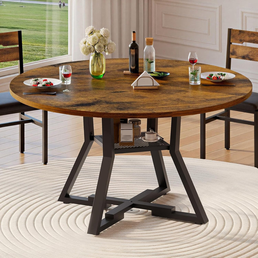 RALGEND Round Dining Table for 4-6, 43" Circle Dining Table with Wooden Tabletop, Kitchen Table with Storage & Weighted Base, Round Dinner Table for Kitchen, Living Room, Rustic Brown and Black