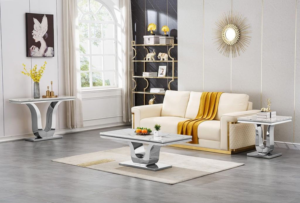 SSLine Modern White Faux Marble Console Table Luxury Entryway Table with Silver Pedestal Base 46.8" Mid-Century Elegant Sofa Table w/Mirrored Stainless Steel Frame for Living Room Hallway