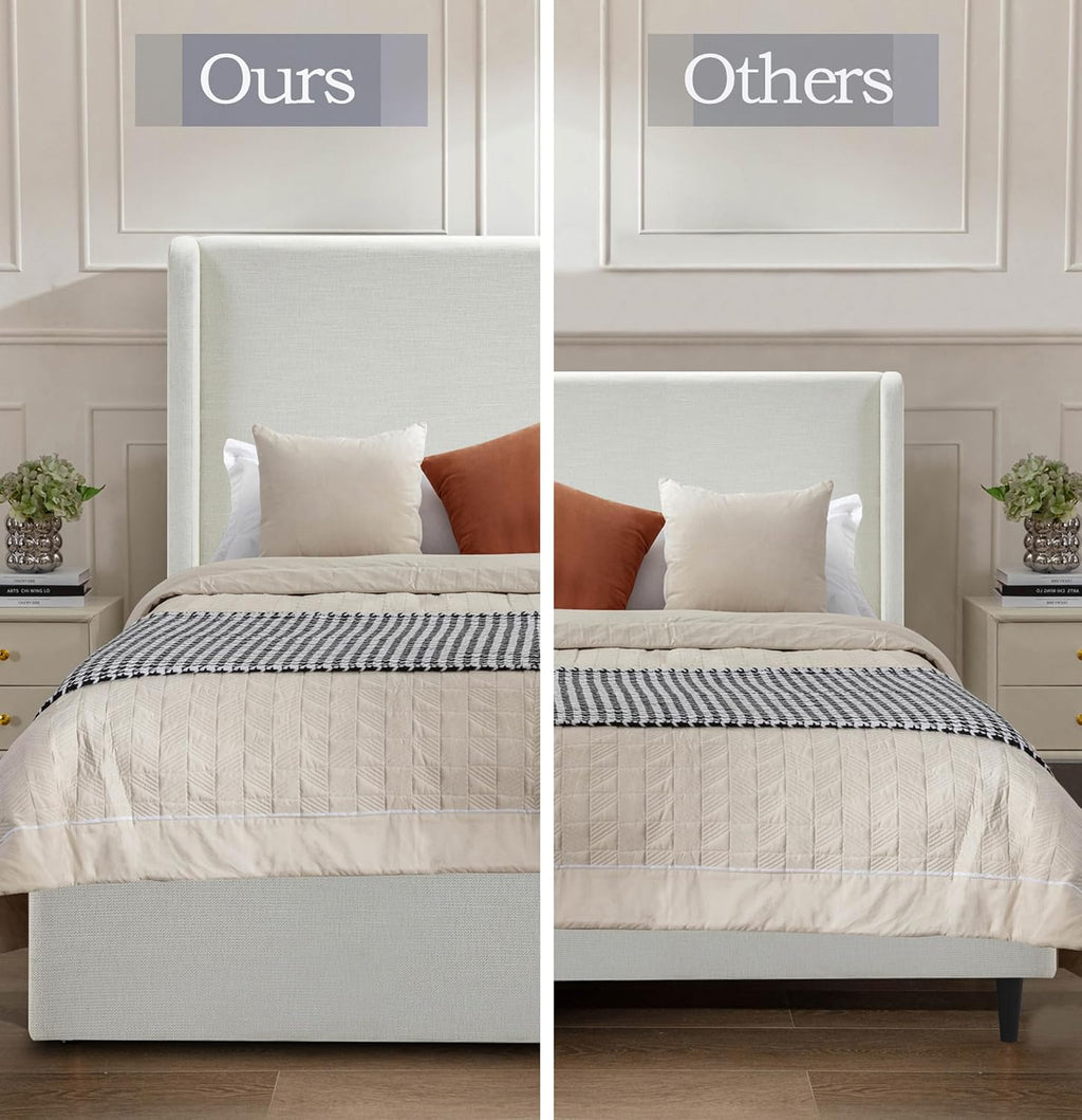 54" Majestic Extra-Tall Wingback Bed Frame Queen - Premium Textured Ivory Canvas Chenille Upholstered Platform Bed, 1000lbs Capacity, No Box Spring Needed (Queen U.S. Standard)