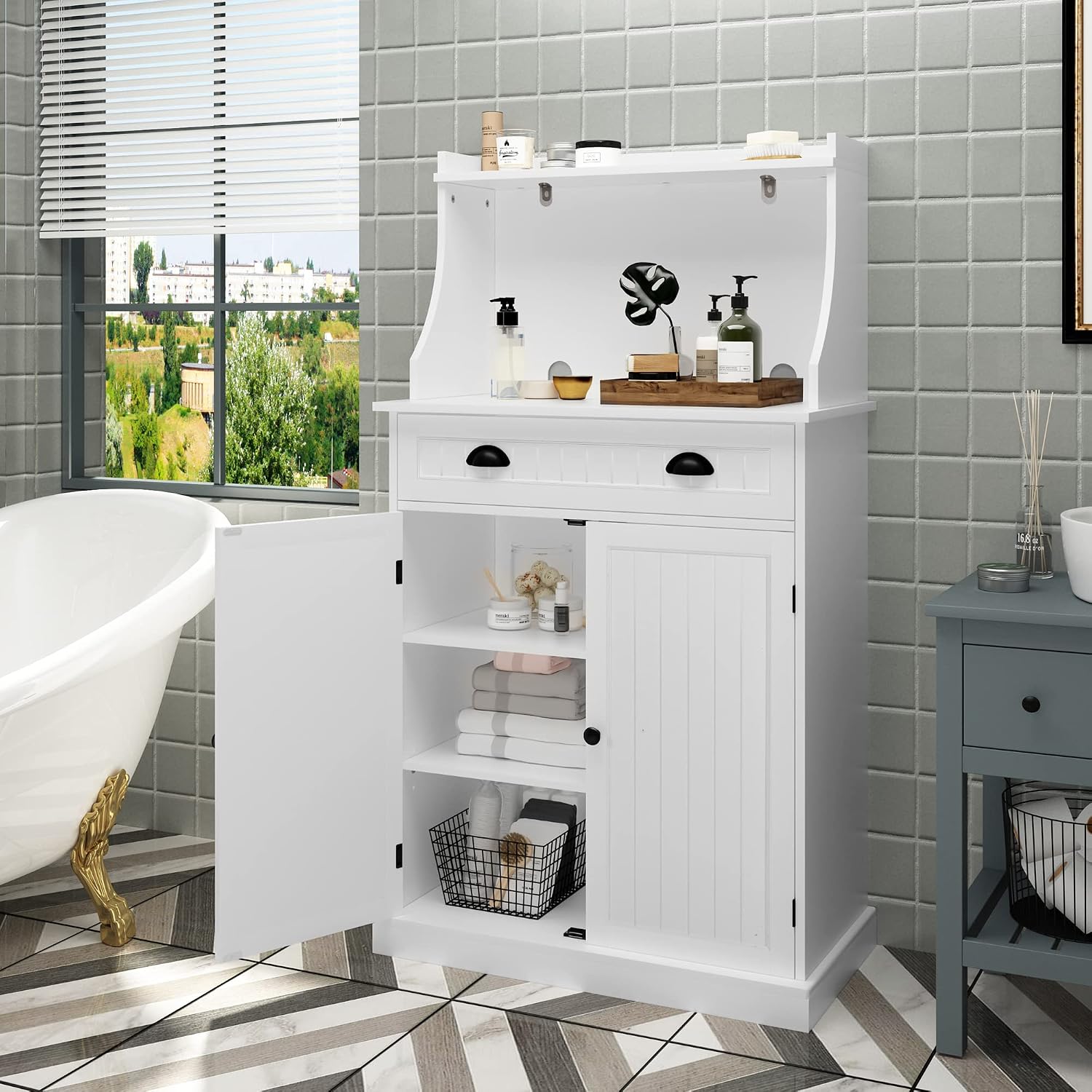 HLR 54" Kitchen Pantry Storage Cabinet with Drawer and Adjustable Shelves, Microwave Oven Cabinet with Doors for Kitchen, Bathroom or Hallway,White