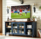 RWYHG Farmhouse TV Stand for 60 in TV, Entertainment Center for Living Room | Adjustable Shelves, Magnetic Glass Door, Sturdy Gourd Base, Wood Grain Top, High Capacity Storage Cabinet, Navy Blue