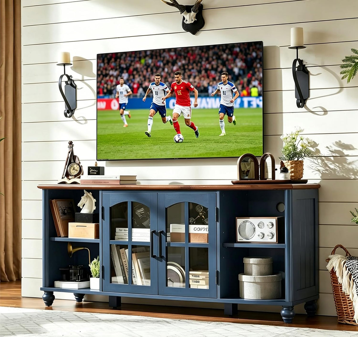 RWYHG Farmhouse TV Stand for 60 in TV, Entertainment Center for Living Room | Adjustable Shelves, Magnetic Glass Door, Sturdy Gourd Base, Wood Grain Top, High Capacity Storage Cabinet, Navy Blue