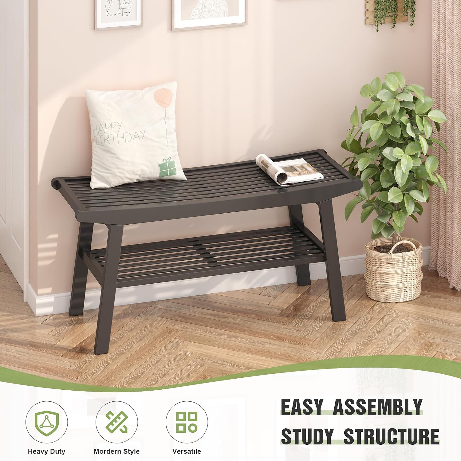 Bamboo Dining Bench Indoor Long Bench Sturdy & Comfortable Indoor Storage Bench Durable Slat Woven Design Modern Entryway Seating for Hallway (Black, 2 Tiers)