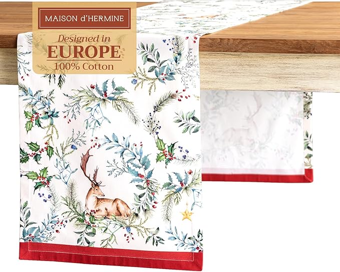 Maison d' Hermine Table Runner 100% Cotton Single Layer Table Runners 108 inches Long for Thanksgiving Christmas Decorations Home Kitchen Dining Party Wedding (Holly Time, 14.5" x 108")