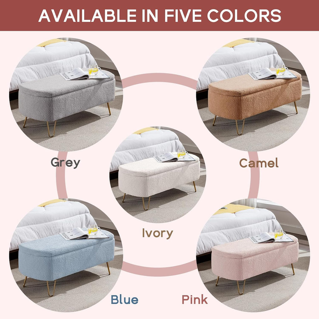NIOIIKIT Storage Ottoman Bench, Faux Fur Upholstered Entryway Bench, Pink | Upholstered Ottoman Bench with Metal Legs, Bedroom Bench with Flip Top, Footrest Shoe Bench for Living Room, Bedroom