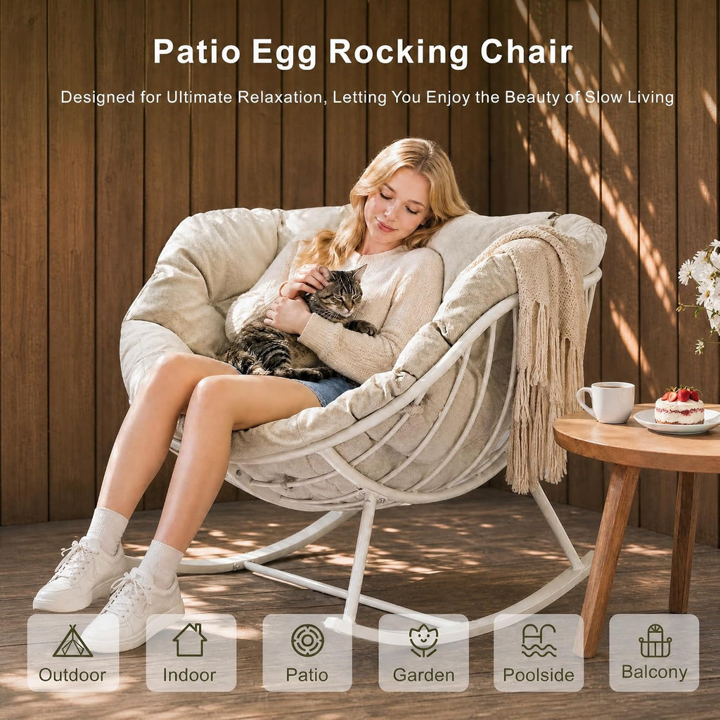 Oversized Outdoor Rocking Chair, Patio Papasan Egg Chair, Rocker Reading Lounge with Thick Cushion, Comfy Indoor Rocker Chair for Bedroom, Living Room, Porch, Poolside
