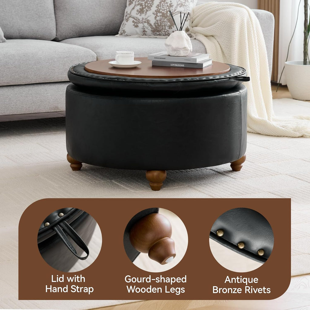 WUTUTUEE 30Inch Round Storage Ottoman with Tray, Modern Tufted Leather Circle Coffee Table with Storage, Upholstered Ottoman with Removable Top for Living Room, Bedroom, Leather Black