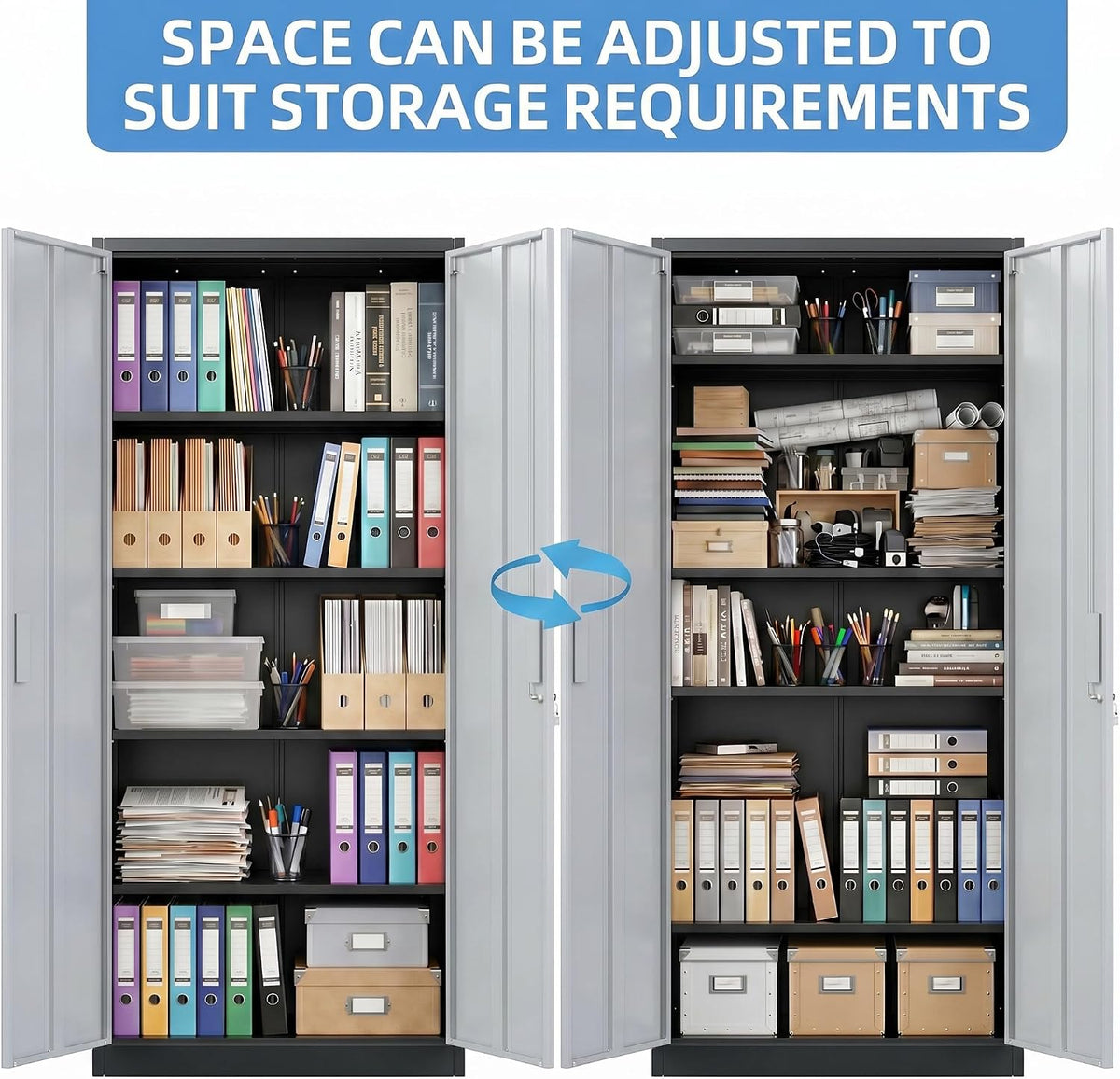 71-Inch Lockable Metal Storage Cabinet, Black and Gray | 15.75"D x 31.50"W x 70.87"H; 4 adjustable shelves; 120 lb per shelf; lock with 2 keys; assembly required.
