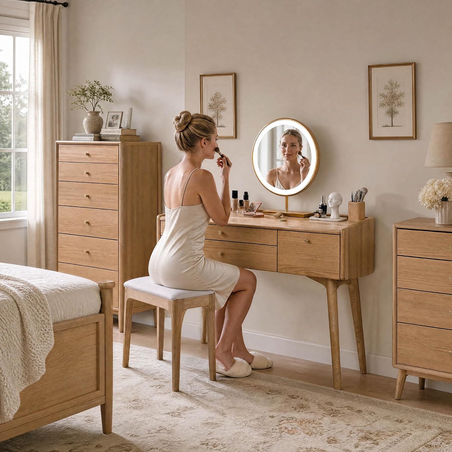 Small Vanity Desk, Solid Wood Dressing Table with Drawer Divider, Study Desk and Vanity Desk for Bedroom, 40" D x 18" W x 32" H