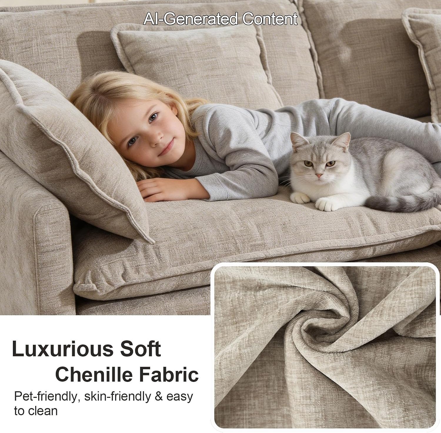 GNIXUU 76.7" Camel Small L Shaped Cloud Couch Loveseat Sofa with Ottoman | Modular Sectional Couches for Small Places, Living Room, Apartment, Studio, Office, Deep Seat, 2 Seater Sofa, Chenille Fabric