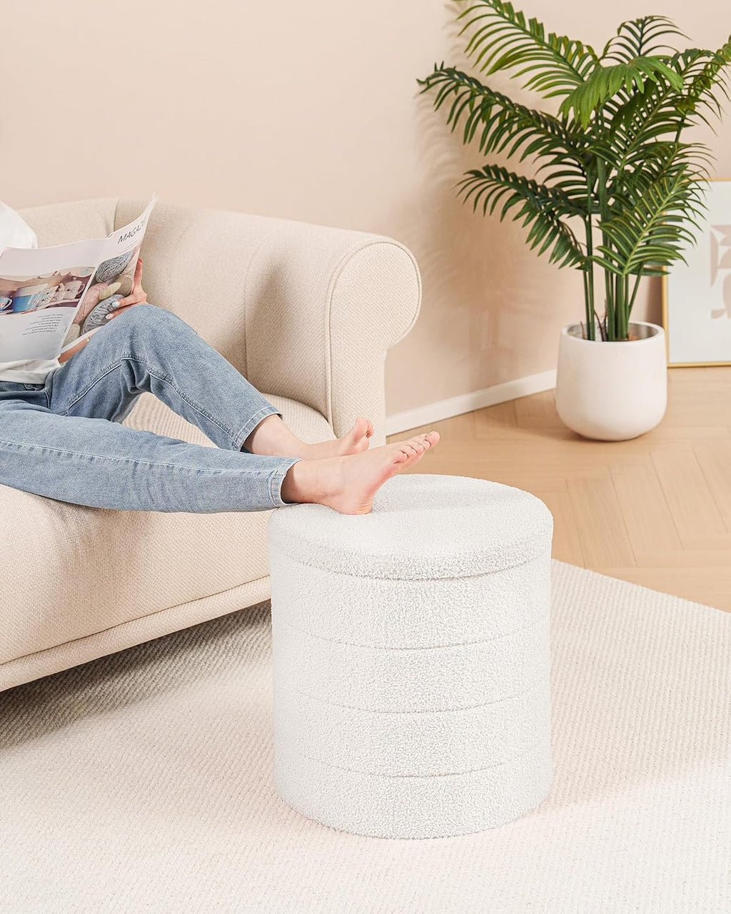 B FSOBEIIALEO Folding Storage Ottoman, Round Sherpa Ottomans, Cream White | 16.9" Foldable Ottoman With Tray, Boucle Foot Stool, Small Storage Coffee Table for Living Room, Bedroom, Hallway