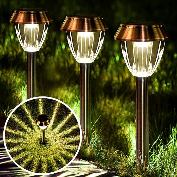 Solar Pathway Lights Outdoor Waterproof, 6 Pack Solar Outdoor Lights Bright Up to 12 Hrs, 15 Lumens Garden Light LED Landscape Lighting Stainless Steel Walkway Light, Warm White