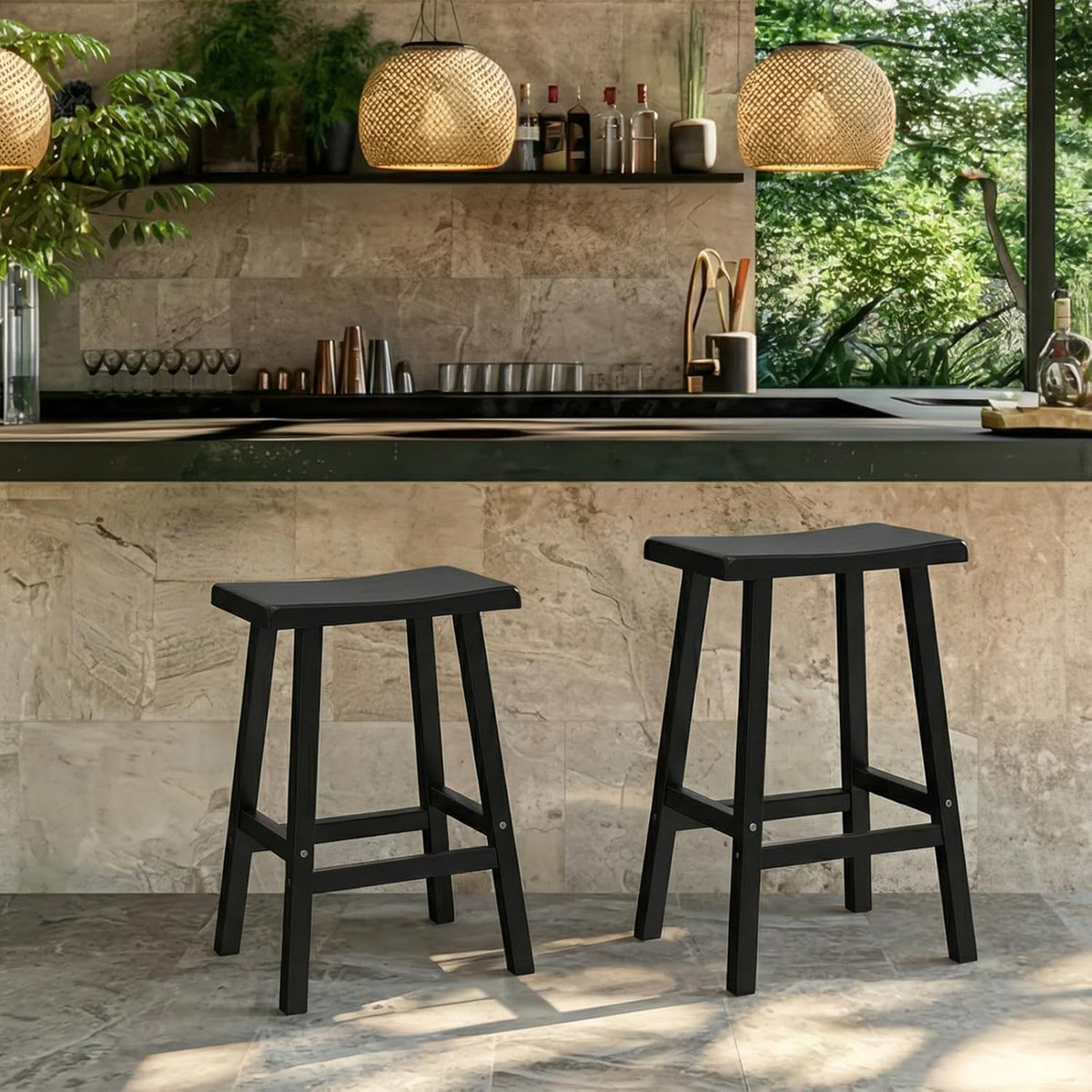 EFU Outdoor Bar Stools Set of 2,All-Weather Patio Stools & Bar Chairs, Heavy Duty Resin Saddle Stool with Protective Foot Pads,Waterproof 29 Inch Stool with Footrest for Deck,Balcony and Yard (Black)