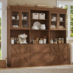 71" Farmhouse Kitchen Pantry Cabinet with Glass Doors & Drawers, Set of 3 – Dark Brown Freestanding Coffee Bar Hutch with Adjustable Shelves, Large Storage Cabinet with Microwave Stand for Kitchen
