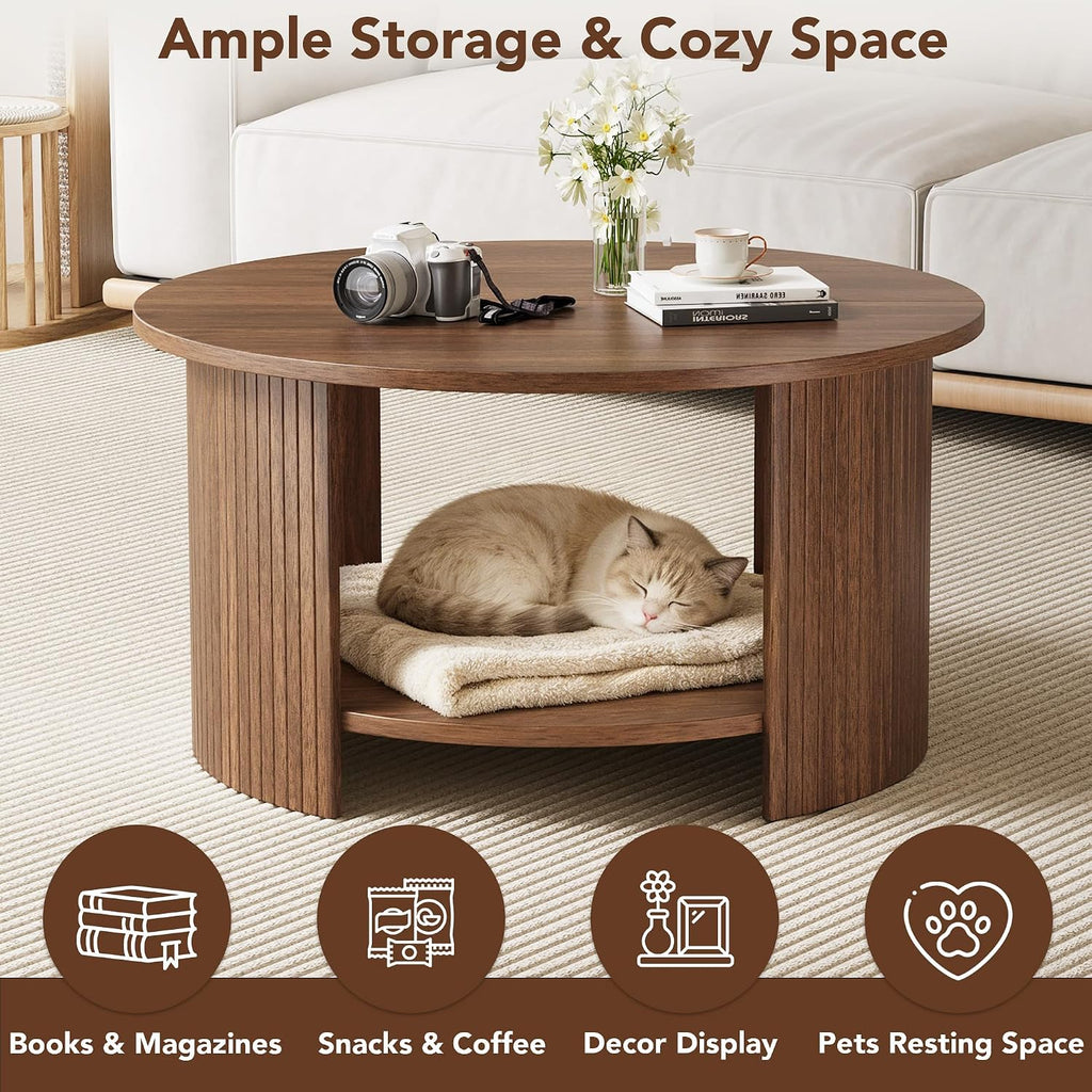 Round Coffee Table with Storage, 31.5" Modern Fluted Center Table, 2-Tier Mid Century Coffee Table, Wood Circle Table for Living Room, Home Office, Small Space, Walnut