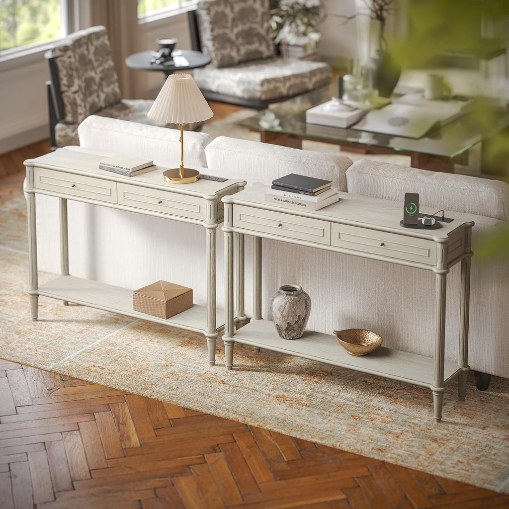 Solid Wood Console Table for Entryway with Charging Station,Retro Entryway Table with 2 Drawers-Easiest Assembly,Sofa Table with Bottom Shelf,Narrow Long Couch Table Behind Sofa for Living Room,Foyer