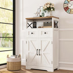 Farmhouse Storage Cabinet with Drawers, Small Kitchen Pantry Cabinet, White | Accent Coffee Bar Cabinet Cupboard, 2 Drawers, 2 Barn Doors & Adjustable Shelves, for Kitchen/Entryway/Living Room/Bathroom