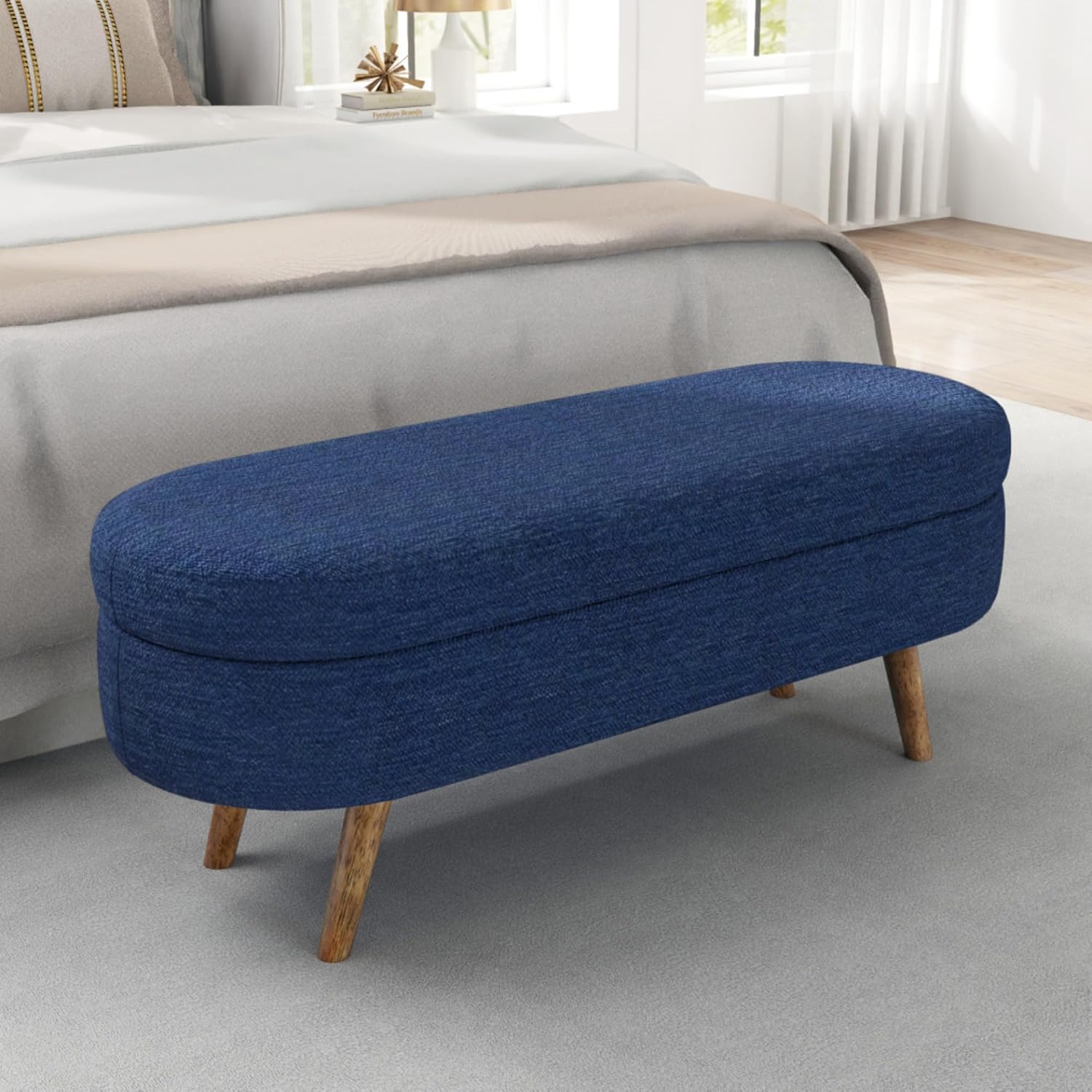 Oval Storage Ottoman Bench with Hidden Storage and Foam Padded Seat, Upholstered Entryway Footstool with Rubber Wood Legs, Decorative Bedroom End of Bed Accent Furniture for Living Room (Blue)