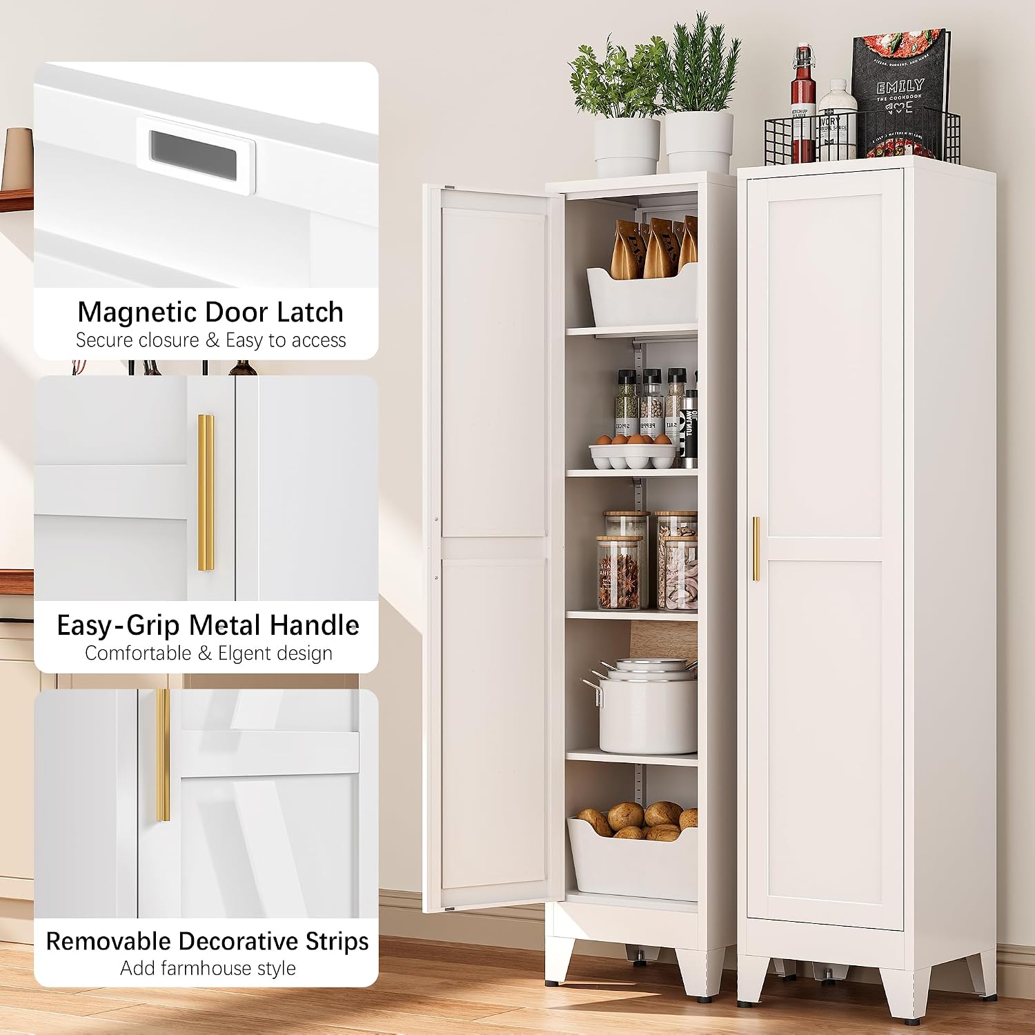 Bevivog Tall Bathroom Storage Cabinet, 67" Narrow Metal Storage Cabinets, Freestanding Tall Linen Cabinet, Slim Kitchen Pantry Cabinets with Shelves