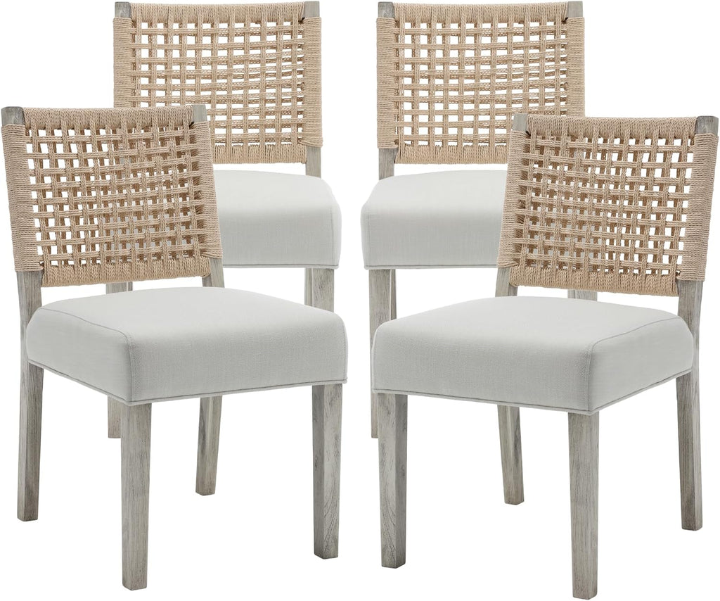 chairus upholstered Dining Chairs Set of 4, Boho Coastal Dining Room Chairs with Natural Woven Rope Back White Gray Washed Wood Leg Modern Farmhouse Wooden Kitchen Side Chairs, Ivory Linen Seat