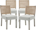 chairus upholstered Dining Chairs Set of 4, Boho Coastal Dining Room Chairs with Natural Woven Rope Back White Gray Washed Wood Leg Modern Farmhouse Wooden Kitchen Side Chairs, Ivory Linen Seat